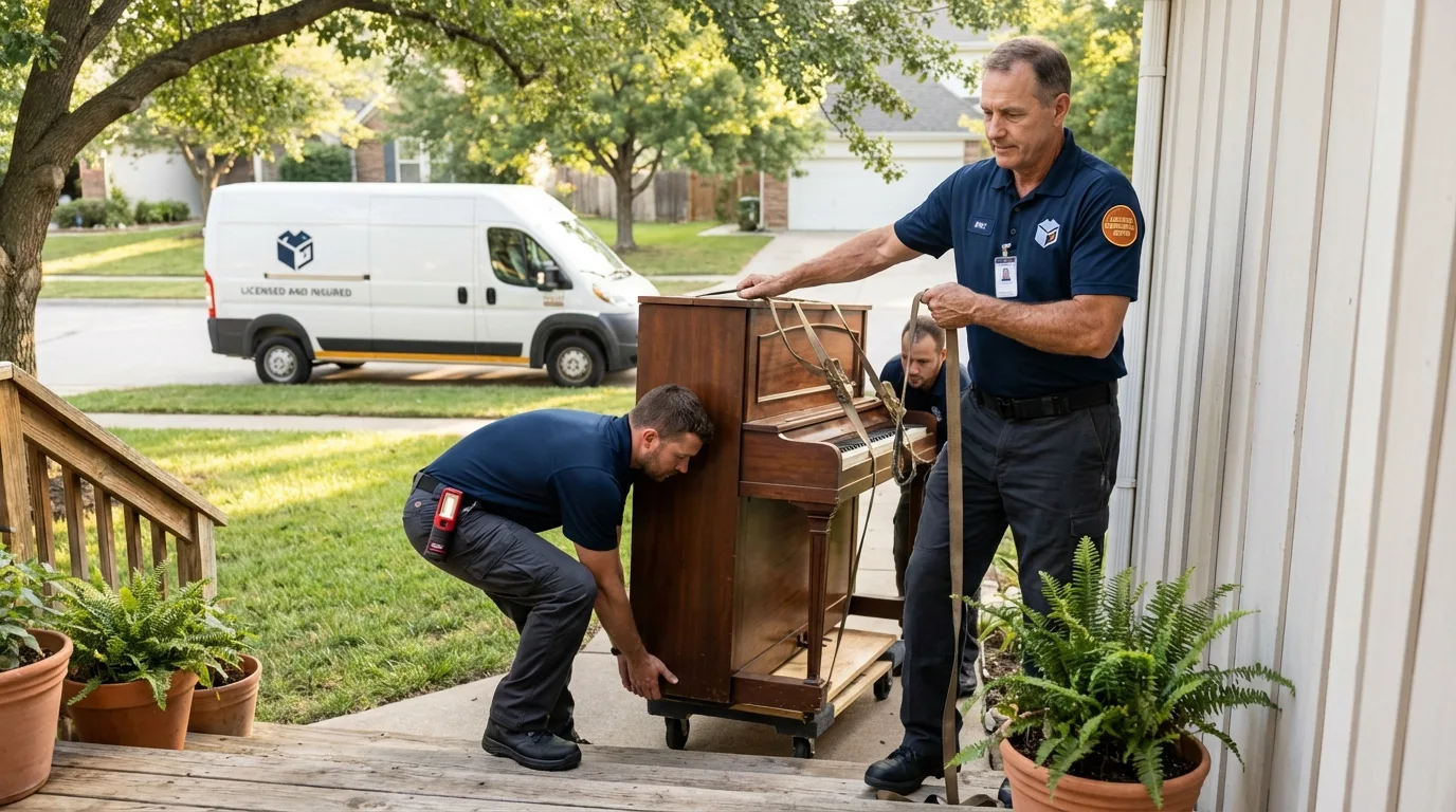 Licensed piano movers securing grand piano in Prairieville, LA