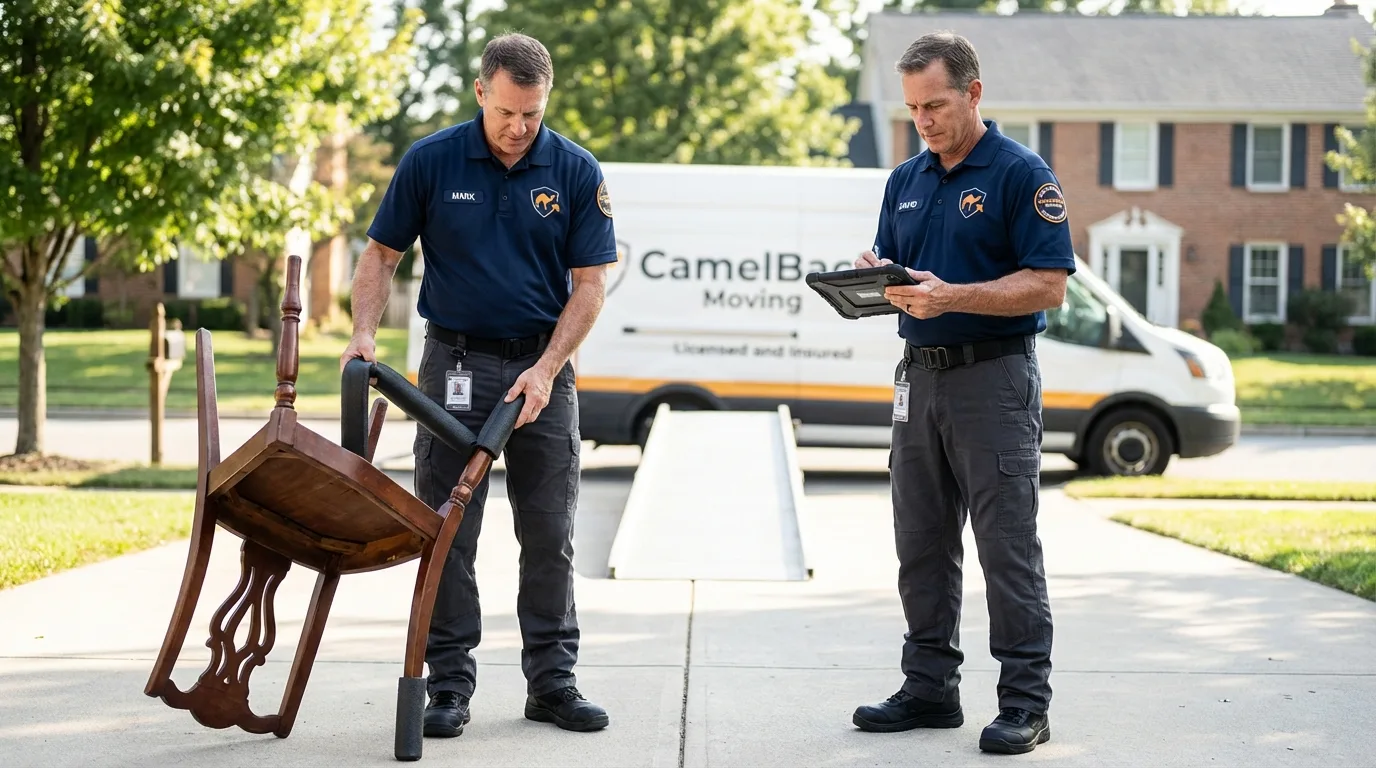 Movers inspecting furniture for damage prevention before loading in Prairieville, LA