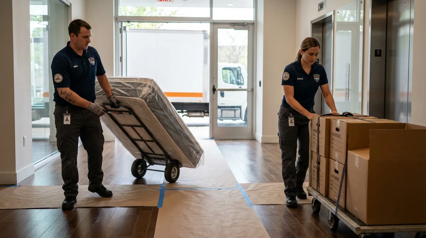 Professional apartment movers loading elevator in Prairieville, LA
