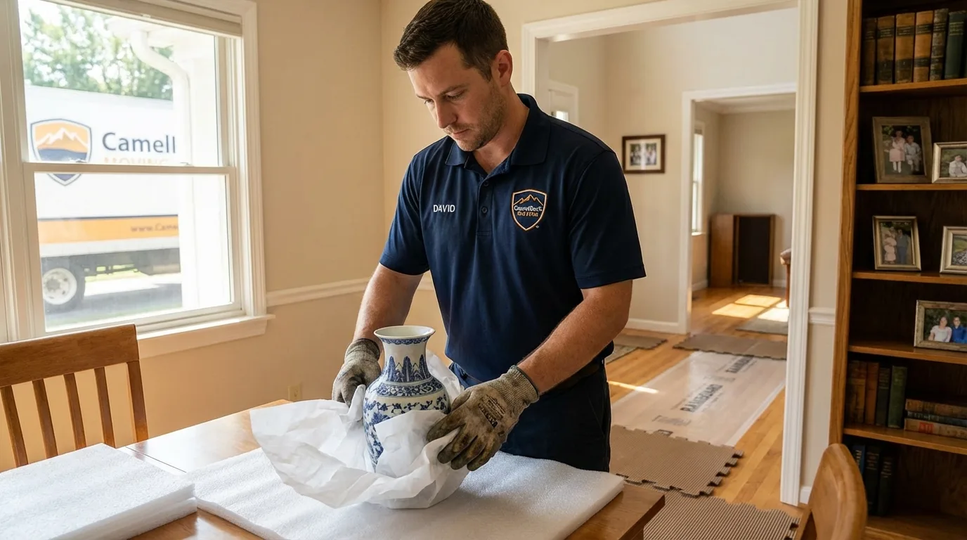 Professional crew carefully wrapping antique vase for senior downsizing move in Prairieville, LA
